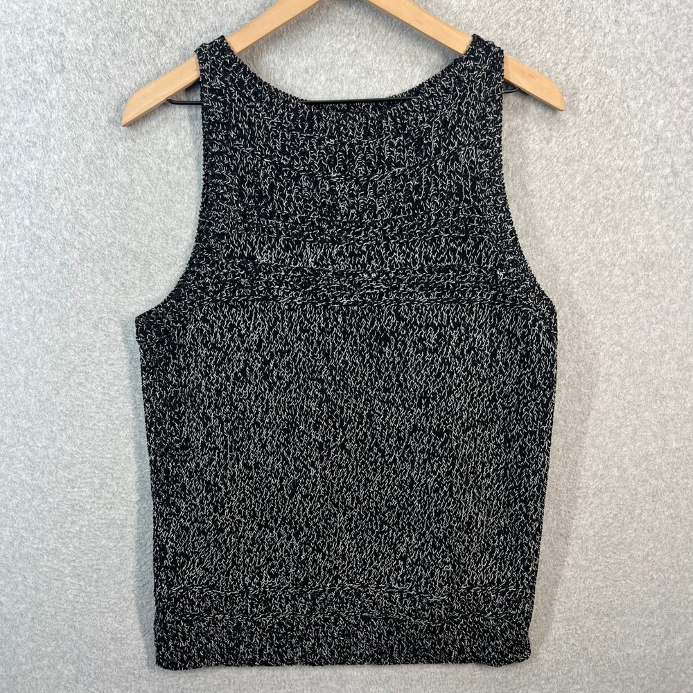 Loft Women Marled Knit Sweater Tank Top Black White Cotton Sleeveless L 438113
